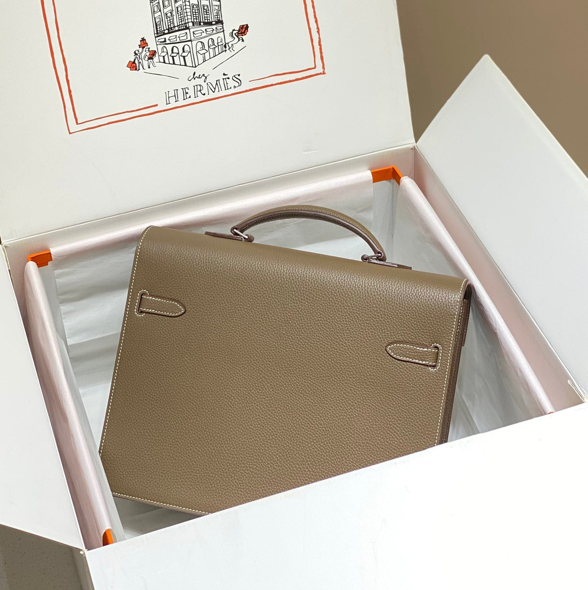 Hermes Kelly Depeches 34 Briefcase in Etoupe Togo Calfskin Silver Hardware Bag