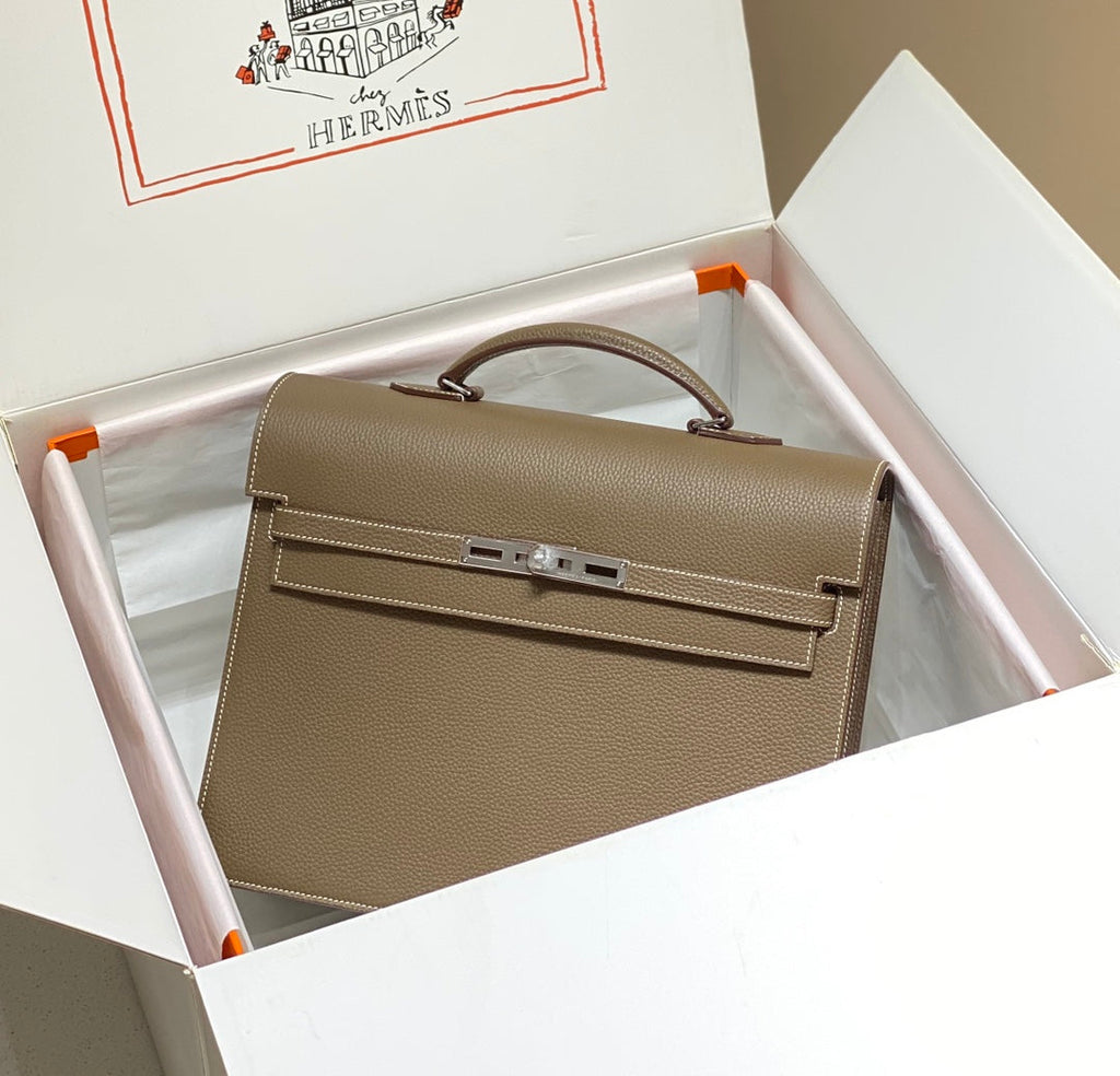 Hermes Kelly Depeches 34 Briefcase in Etoupe Togo Calfskin Silver Hardware Bag
