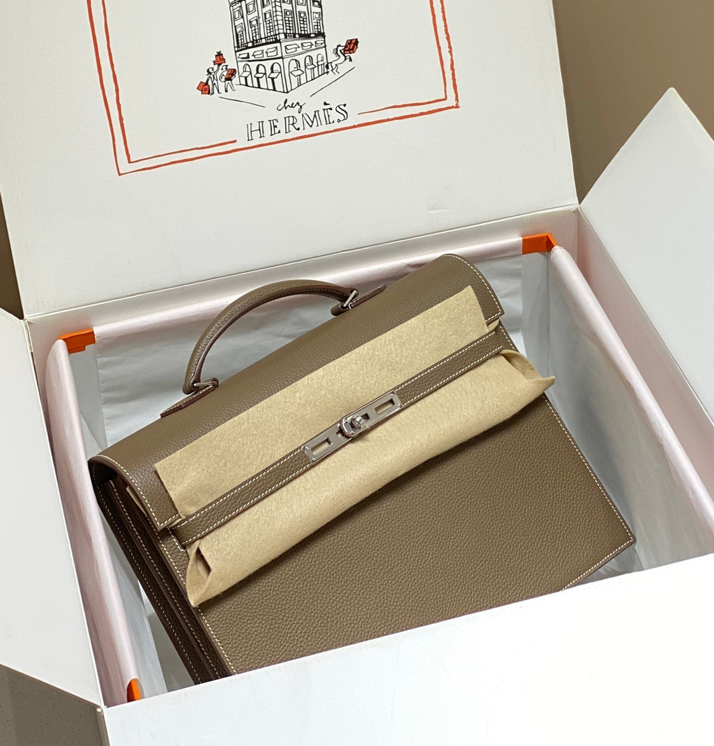 Hermes Kelly Depeches 34 Briefcase in Etoupe Togo Calfskin Silver Hardware Bag