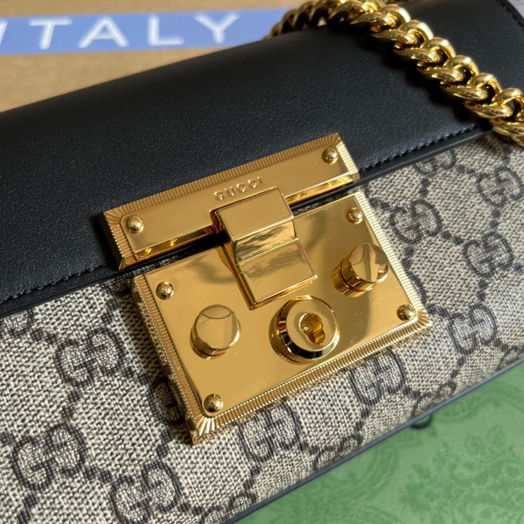 Gucci Padlock 22 Small Bag in Black Calfskin and Beige Canvas