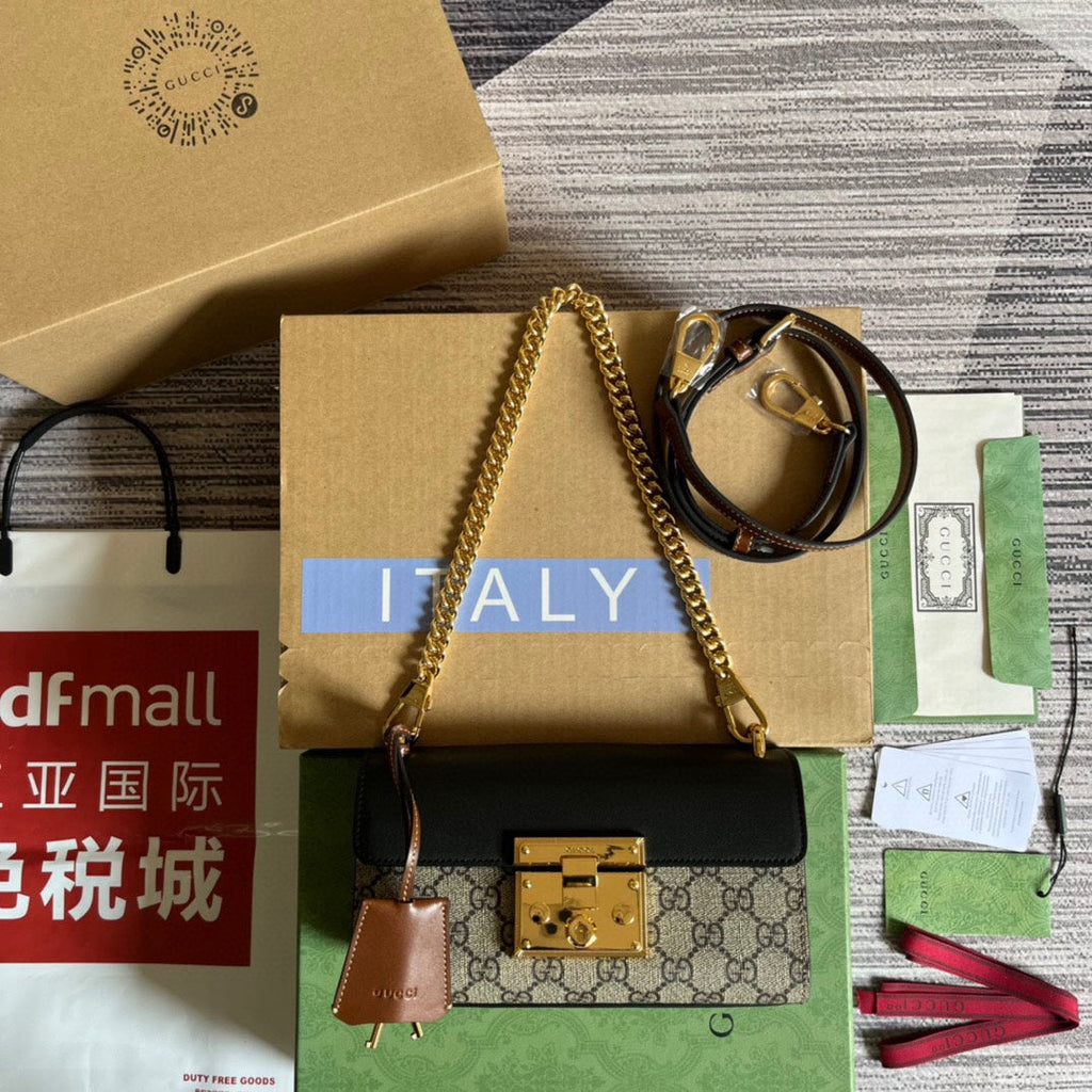 Gucci Padlock 22 Small Bag in Black Calfskin and Beige Canvas