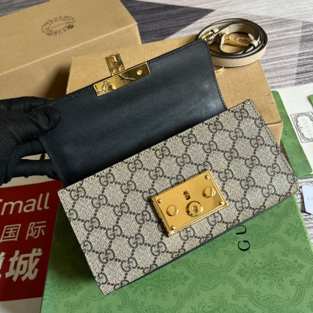Gucci Padlock 22 Small Bag in Black Calfskin and Beige Canvas