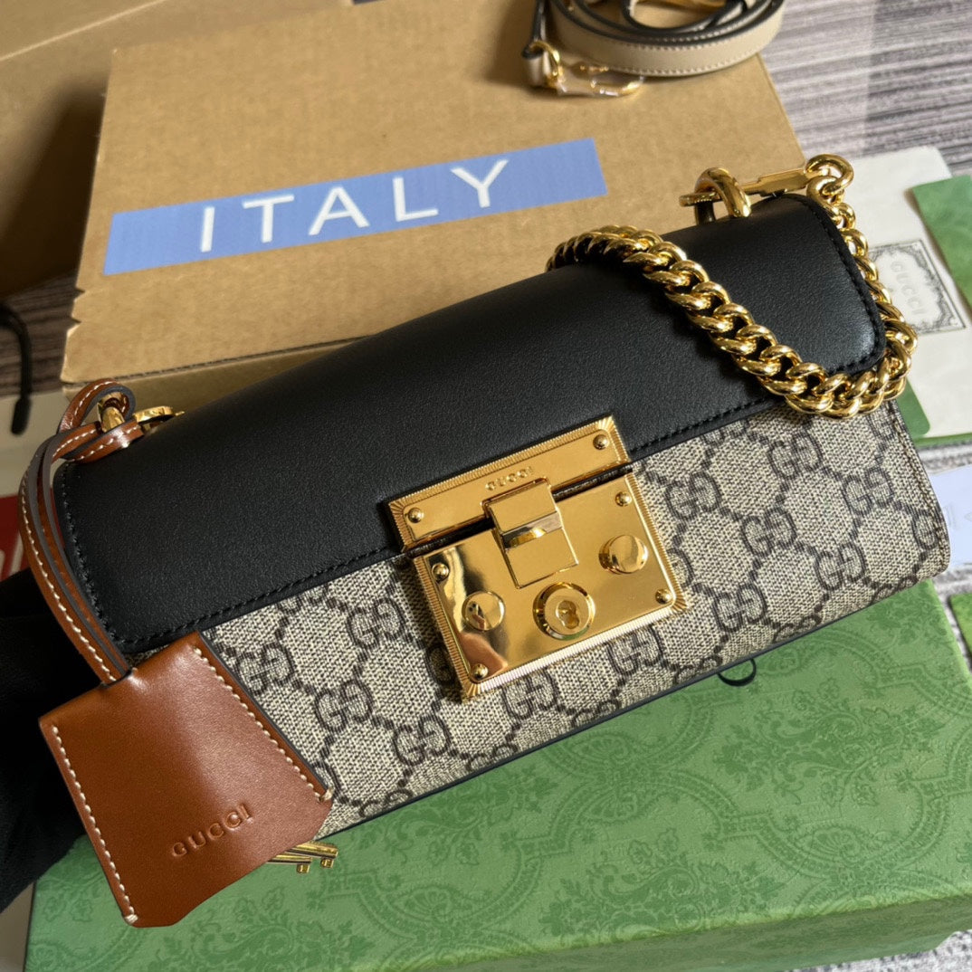 Gucci Padlock 22 Small Bag in Black Calfskin and Beige Canvas