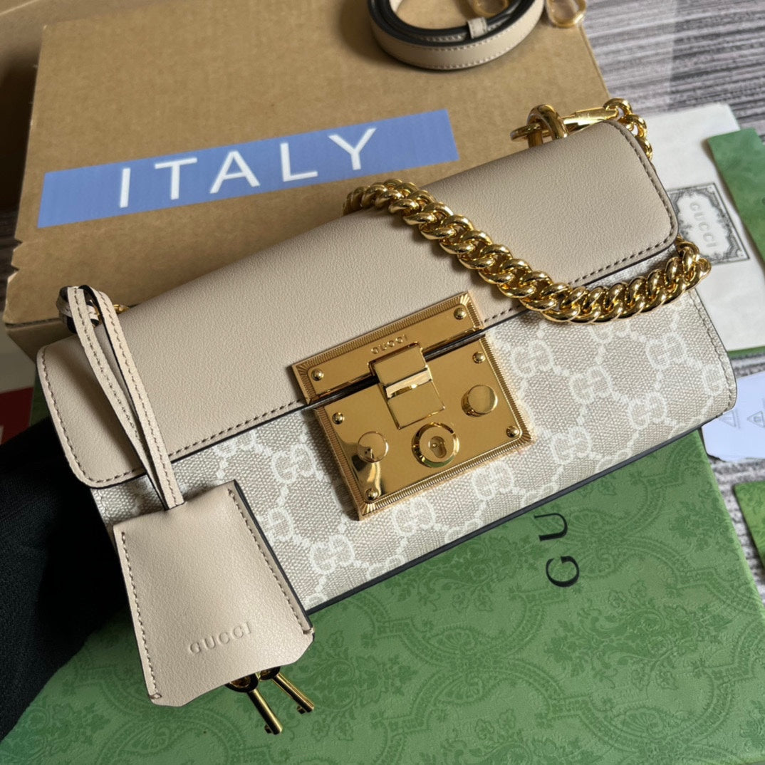 Gucci Padlock 22 Small Shoulder Bag in Beige Calfskin and Canvas