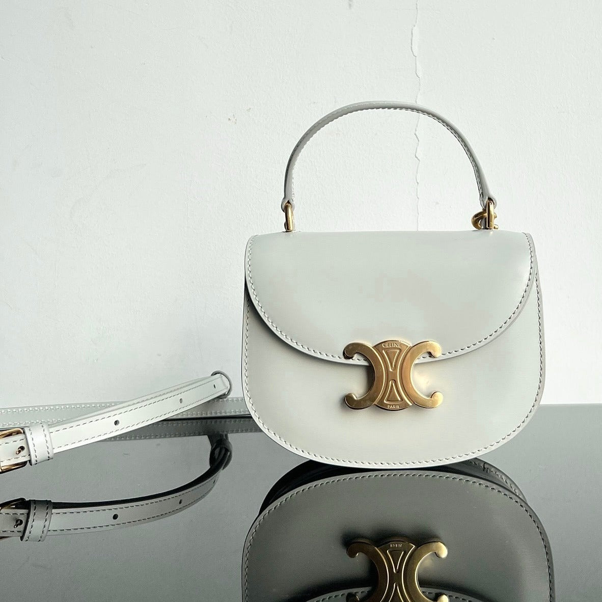 Celine Triomphe Shiny Calfskin Handbag 18 White