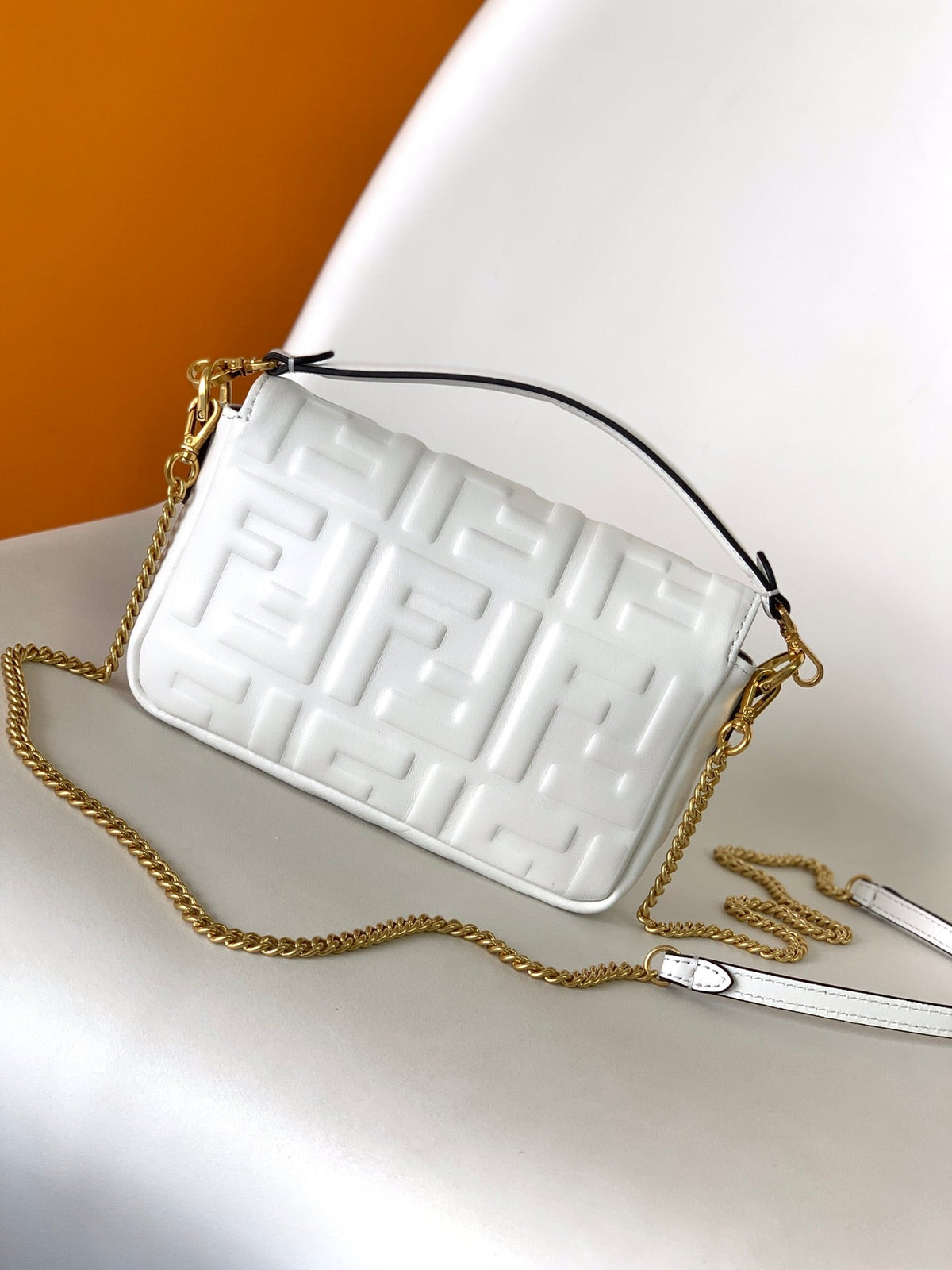 Mini Baguette Bag 20 with Ff Motif White Leather Ghw