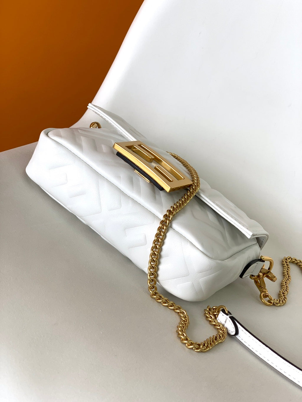 Mini Baguette Bag 20 with Ff Motif White Leather Ghw