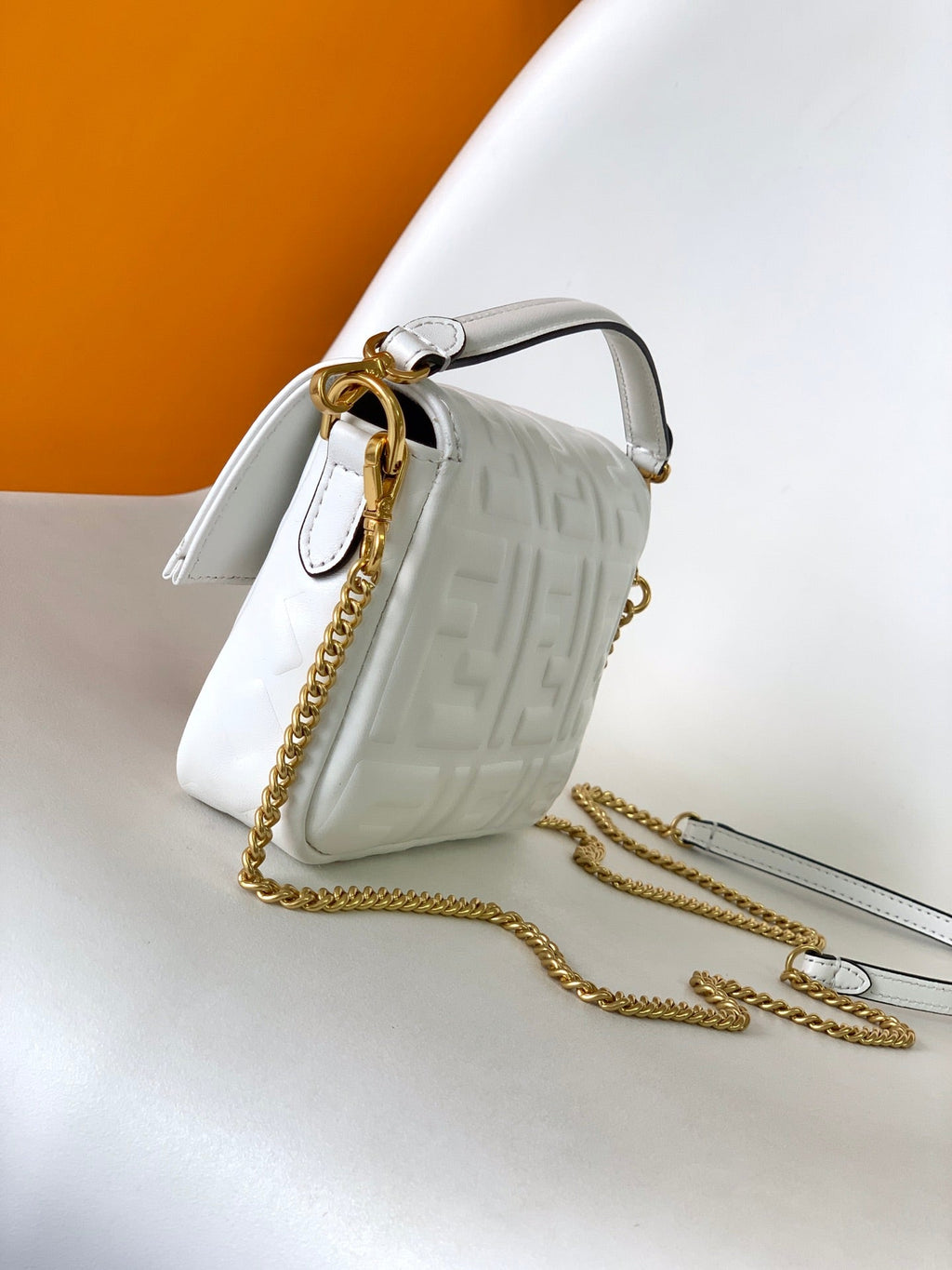 Mini Baguette Bag 20 with Ff Motif White Leather Ghw