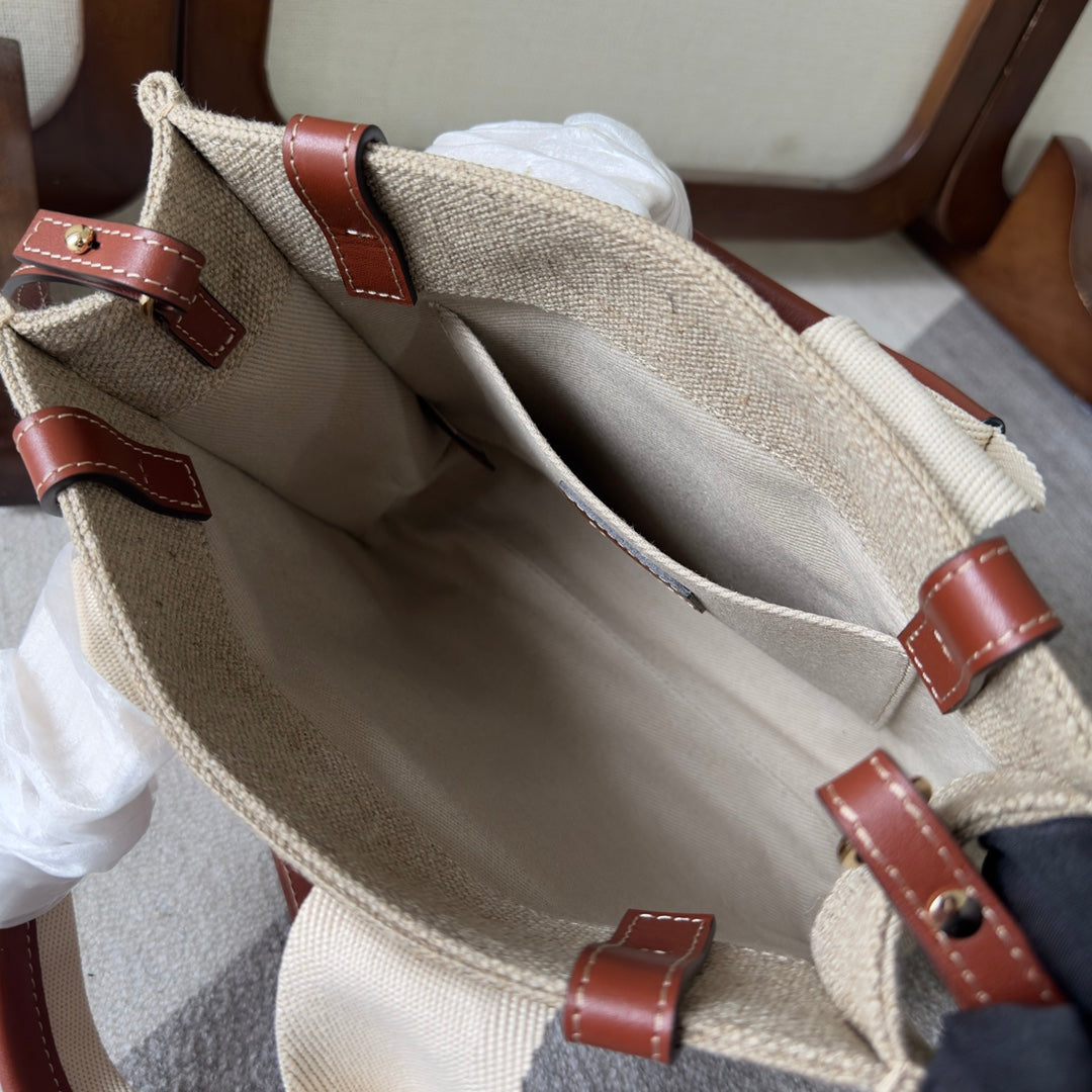 My Melody Small Woody Tote Bag 26.5 in Natural Fibers Beige Webbing Brown Calfskin