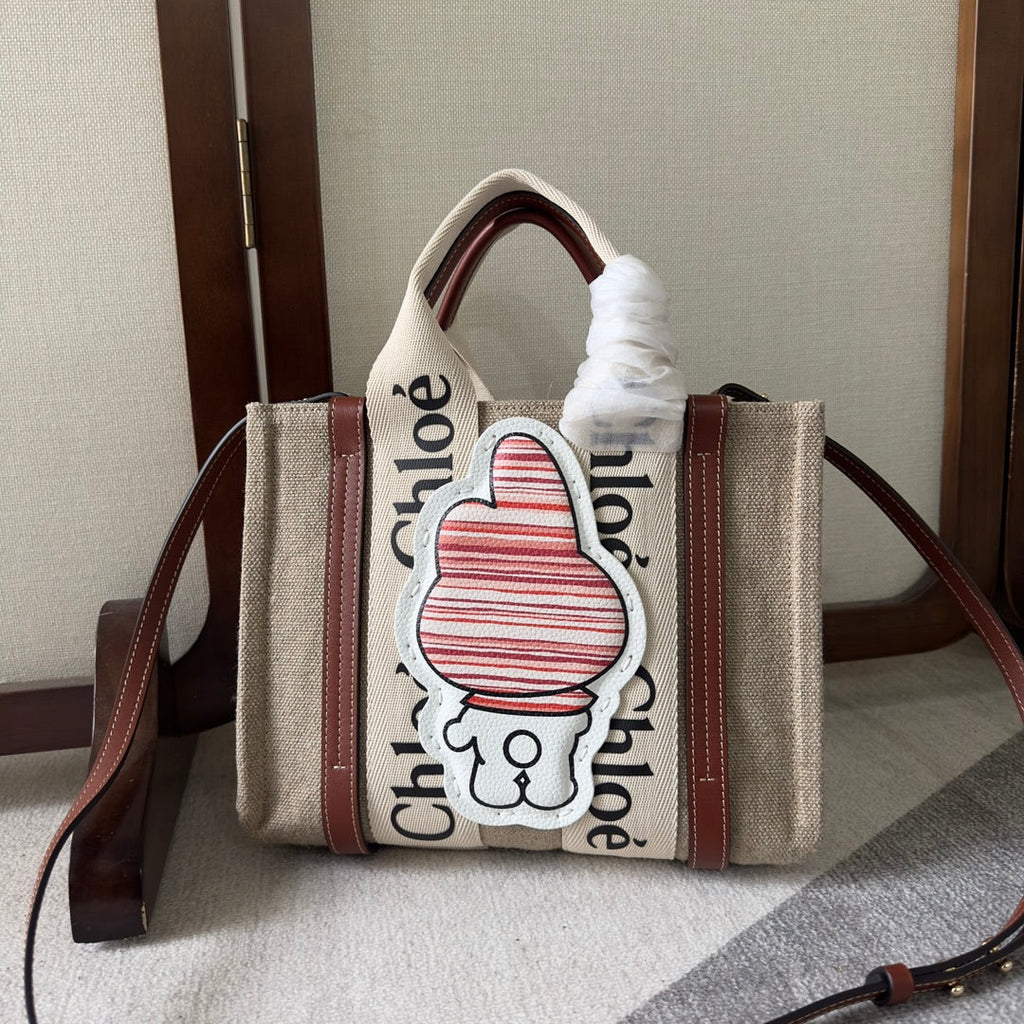 My Melody Small Woody Tote Bag 26.5 in Natural Fibers Beige Webbing Brown Calfskin