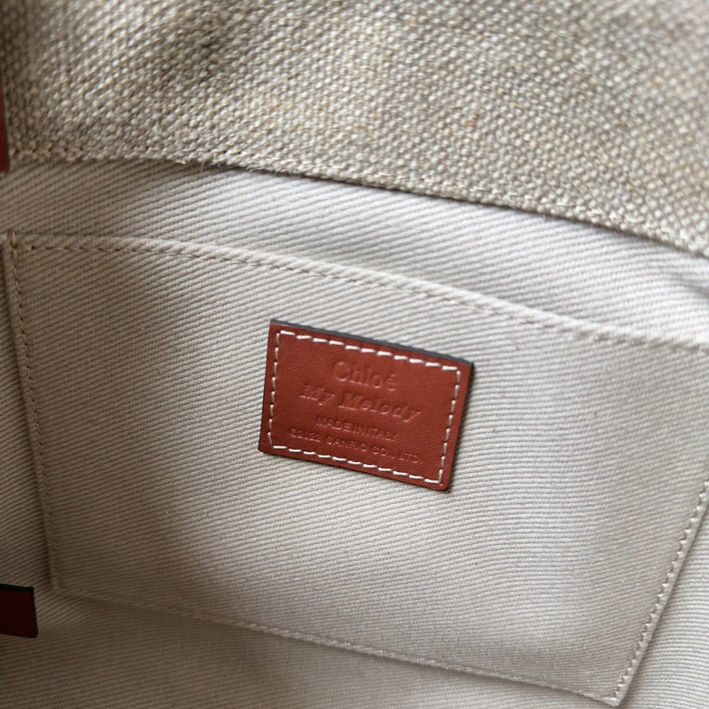 My Melody Small Woody Tote Bag 26.5 in Natural Fibers Beige Webbing Brown Calfskin