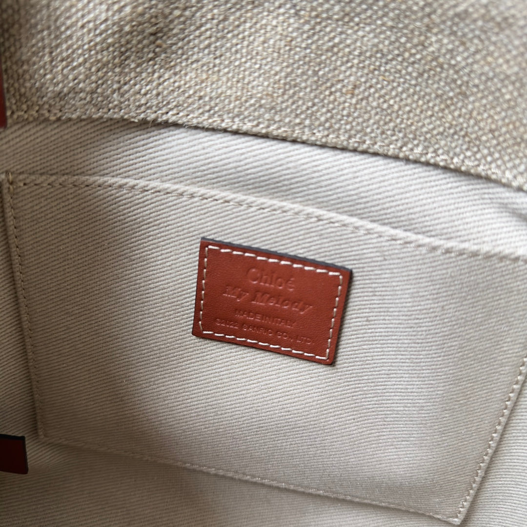 My Melody Small Woody Tote Bag 26.5 in Natural Fibers Beige Webbing Brown Calfskin
