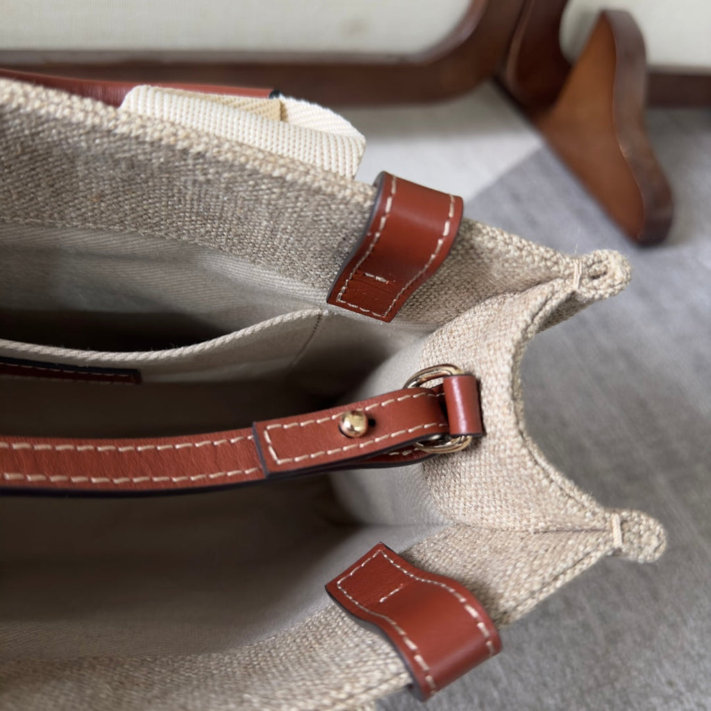 My Melody Small Woody Tote Bag 26.5 in Natural Fibers Beige Webbing Brown Calfskin