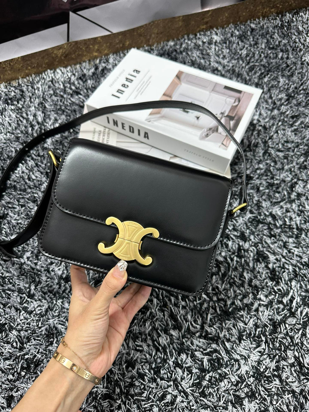 Celine Triomphe Teen 18 Black Cowhide Leather Bag
