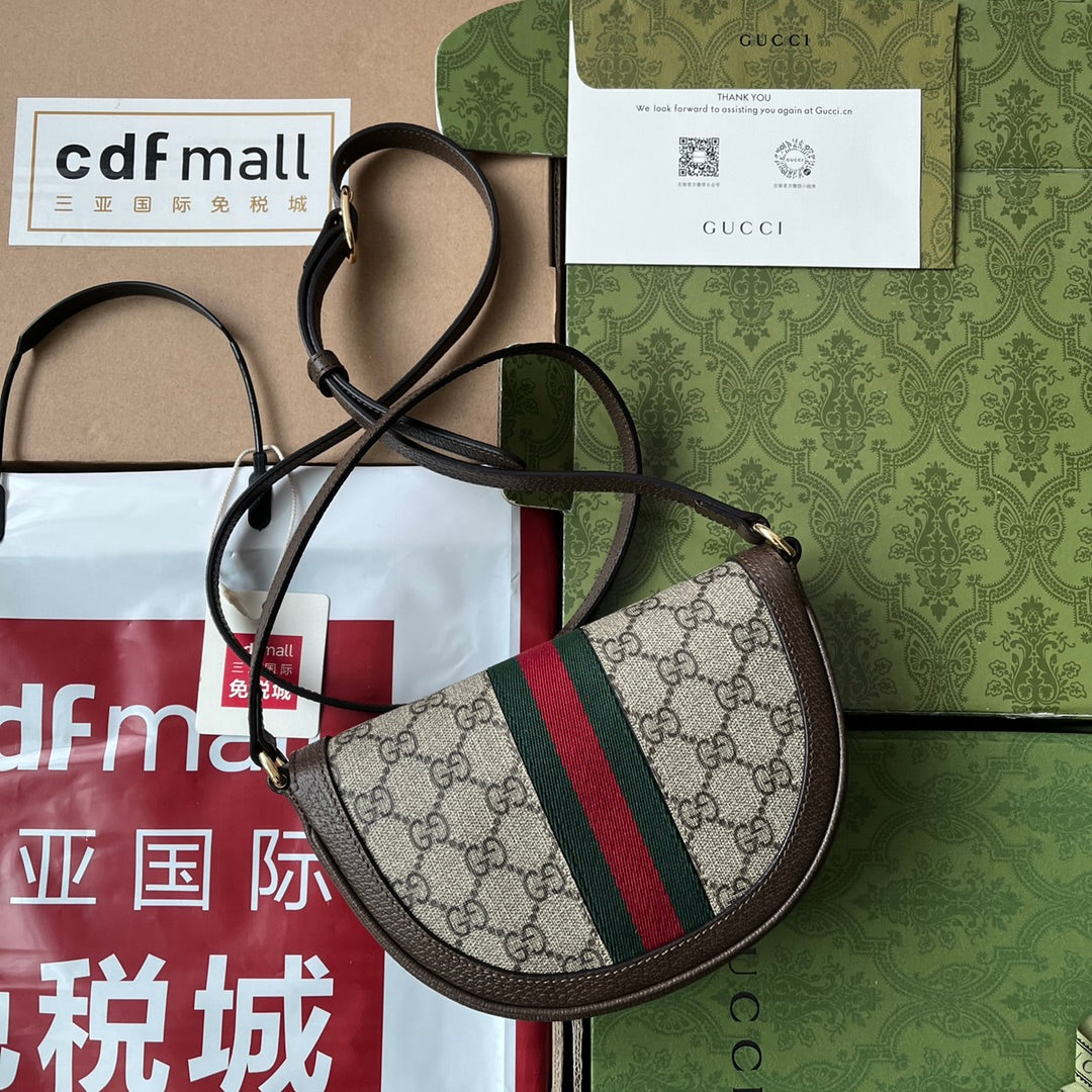 Gucci Ophidia Mini Shoulder Bag 20 with Web in Beige Ebony Canvas Mix Brown Calfskin