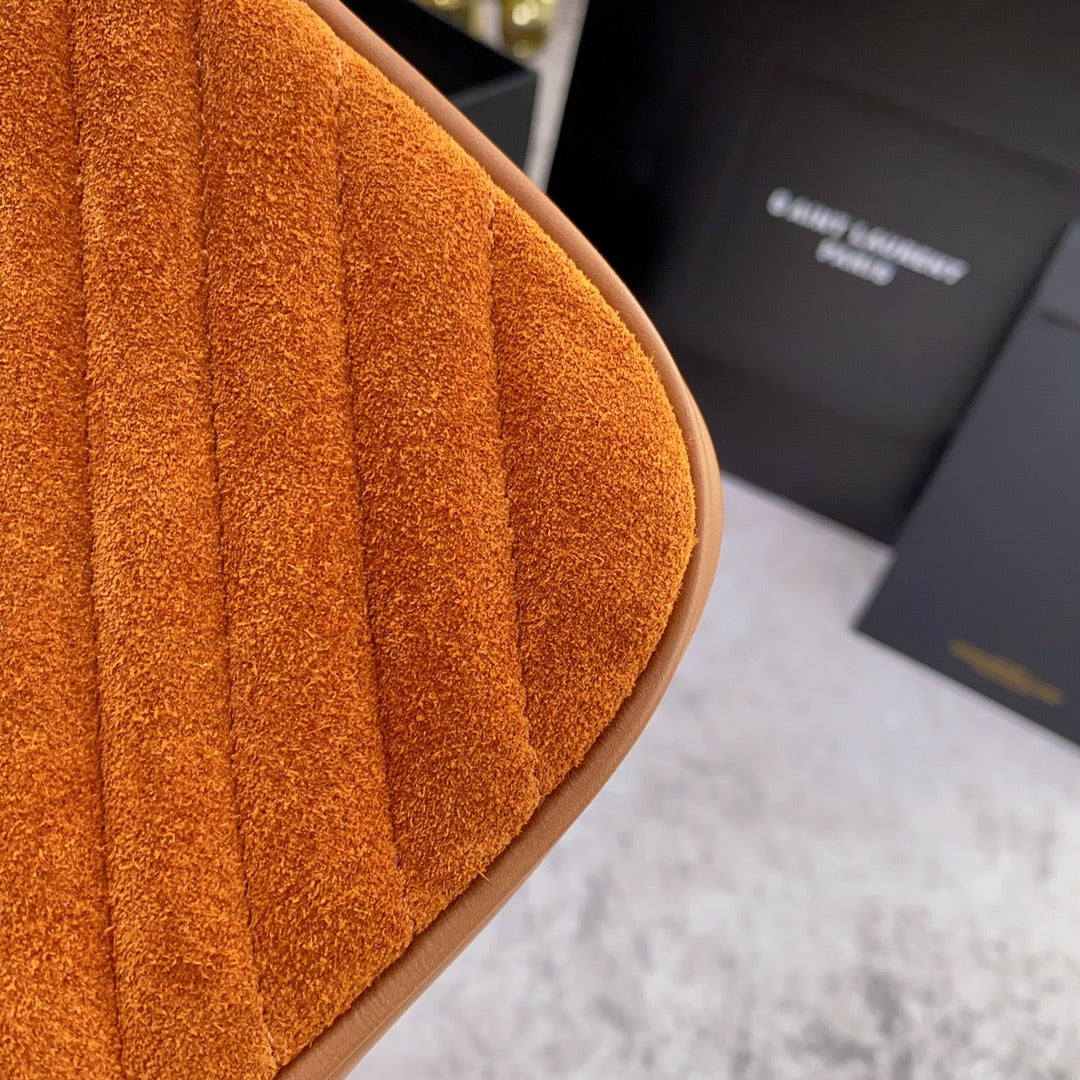 Saint Laurent Lou Camera Bag 23 in Spanish Orange Suede and Brown Calfskin Trim