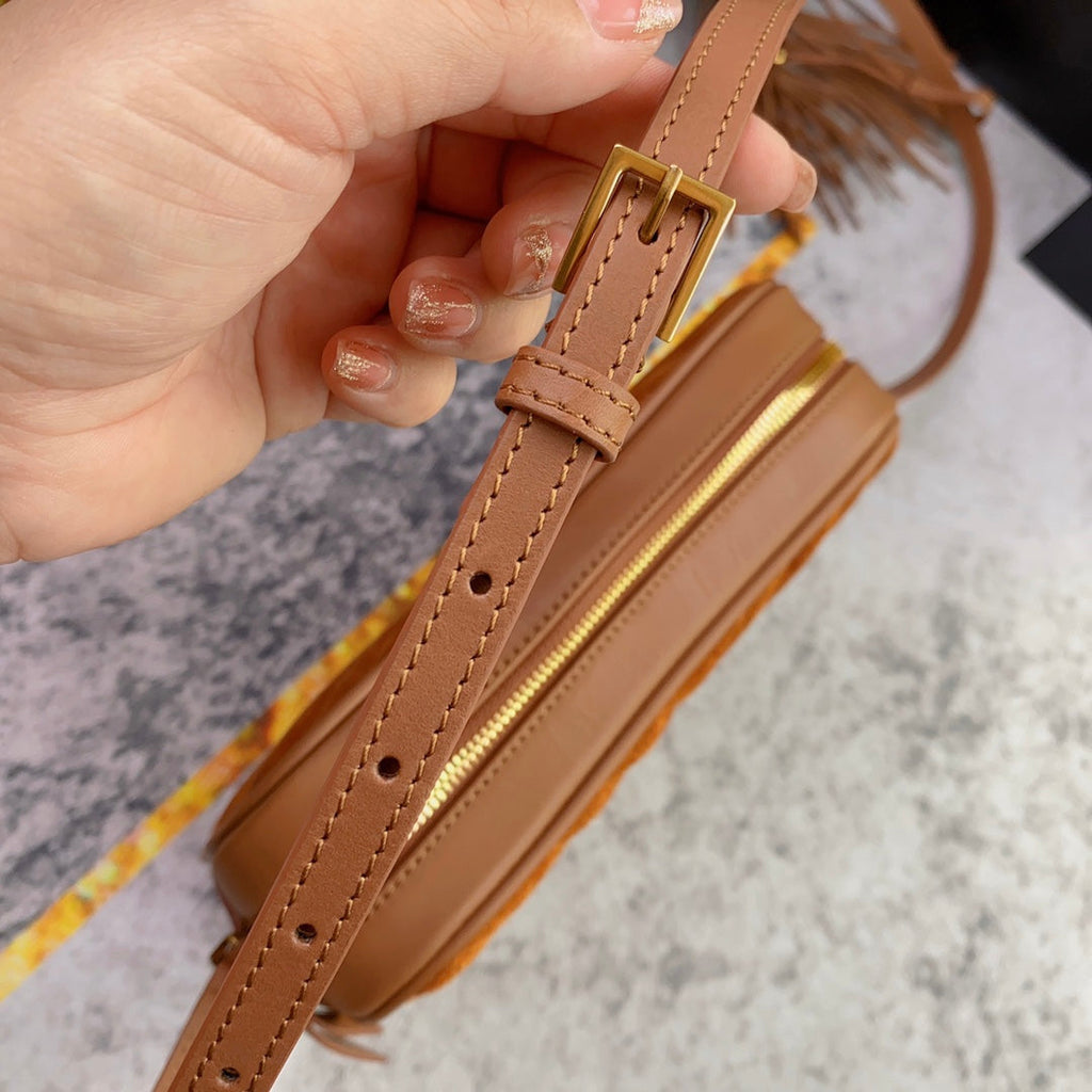 Saint Laurent Lou Camera Bag 23 in Spanish Orange Suede and Brown Calfskin Trim