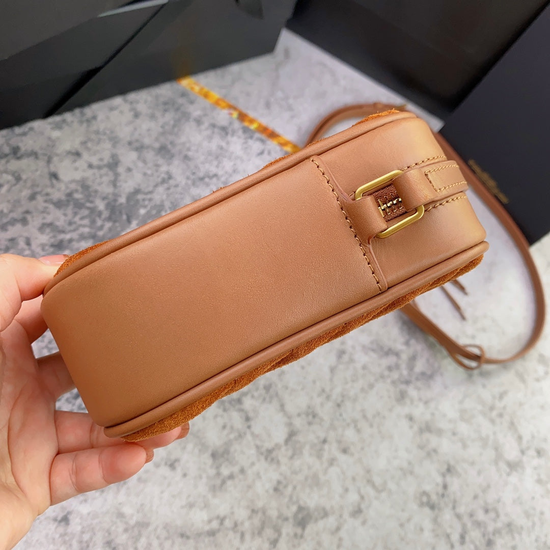 Saint Laurent Lou Camera Bag 23 in Spanish Orange Suede and Brown Calfskin Trim