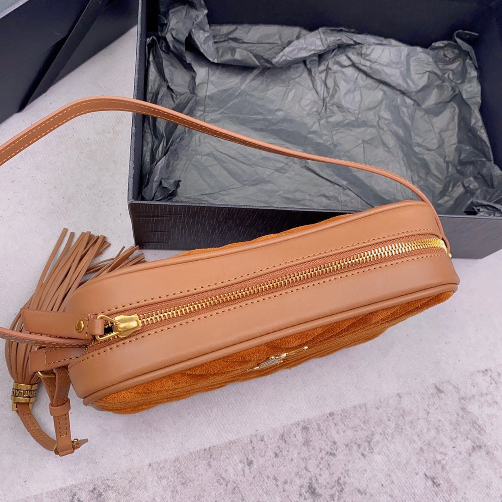 Saint Laurent Lou Camera Bag 23 in Spanish Orange Suede and Brown Calfskin Trim