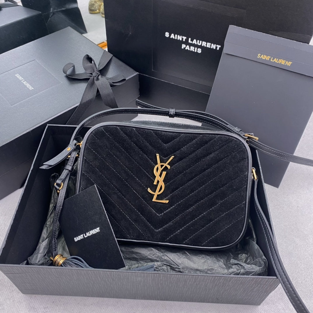Saint Laurent Lou Camera Bag 23 in Black Suede and Calfskin Trim