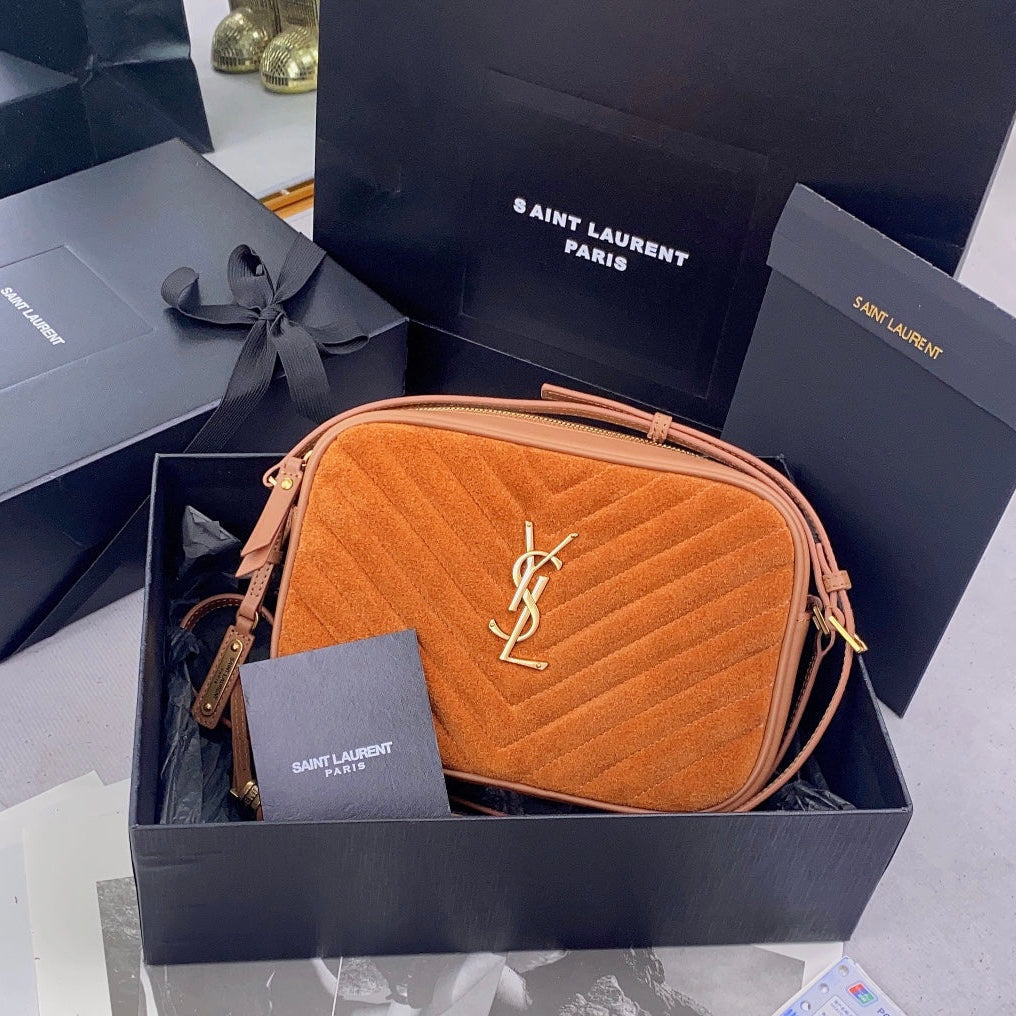 Saint Laurent Lou Camera Bag 23 in Spanish Orange Suede and Brown Calfskin Trim