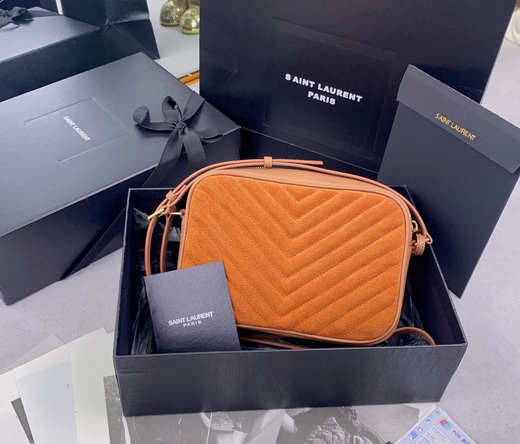 Saint Laurent Lou Camera Bag 23 in Spanish Orange Suede and Brown Calfskin Trim