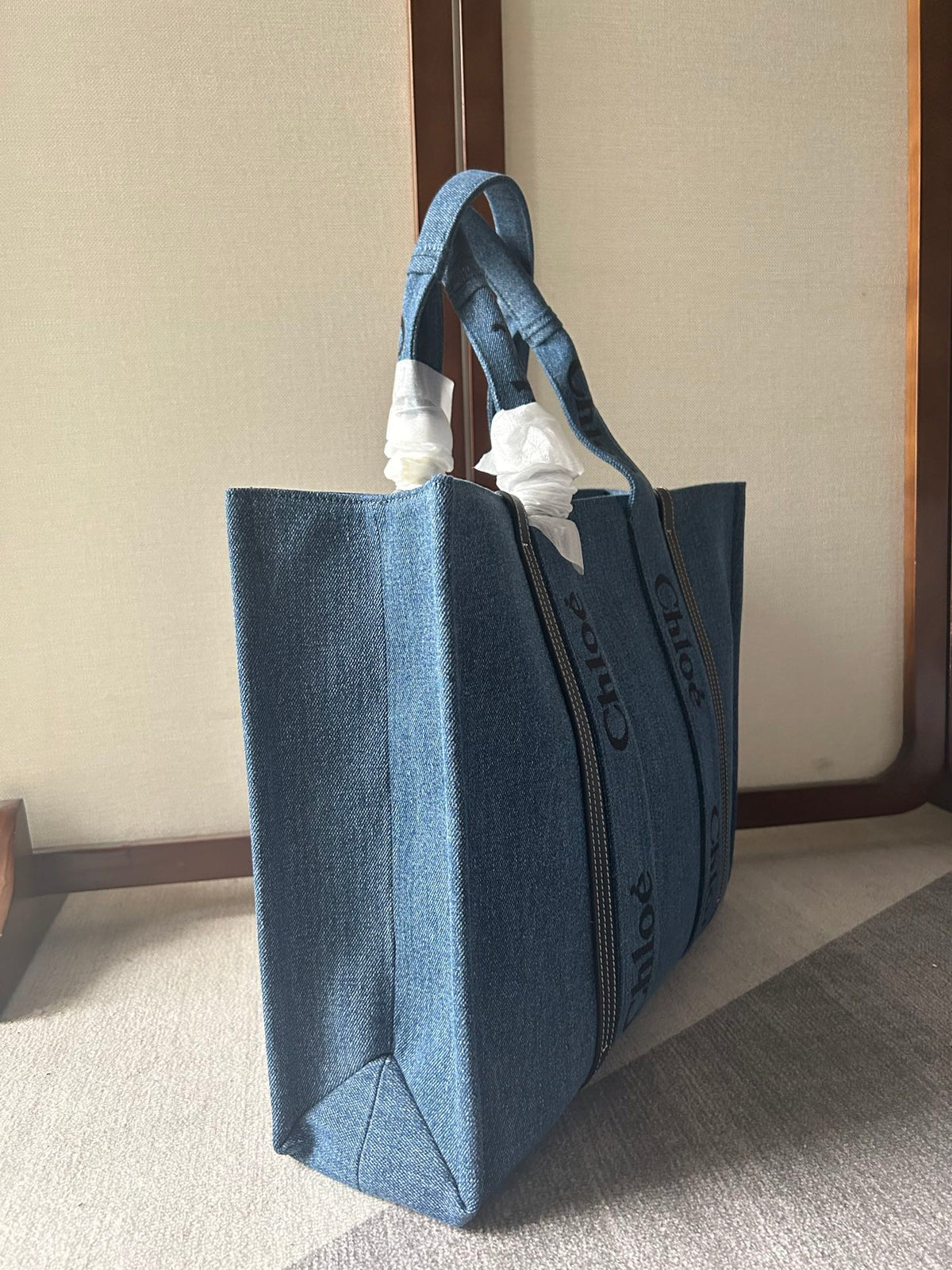 Lagre Woody Tote Bag 45 in Blue Denim Black Calfskin