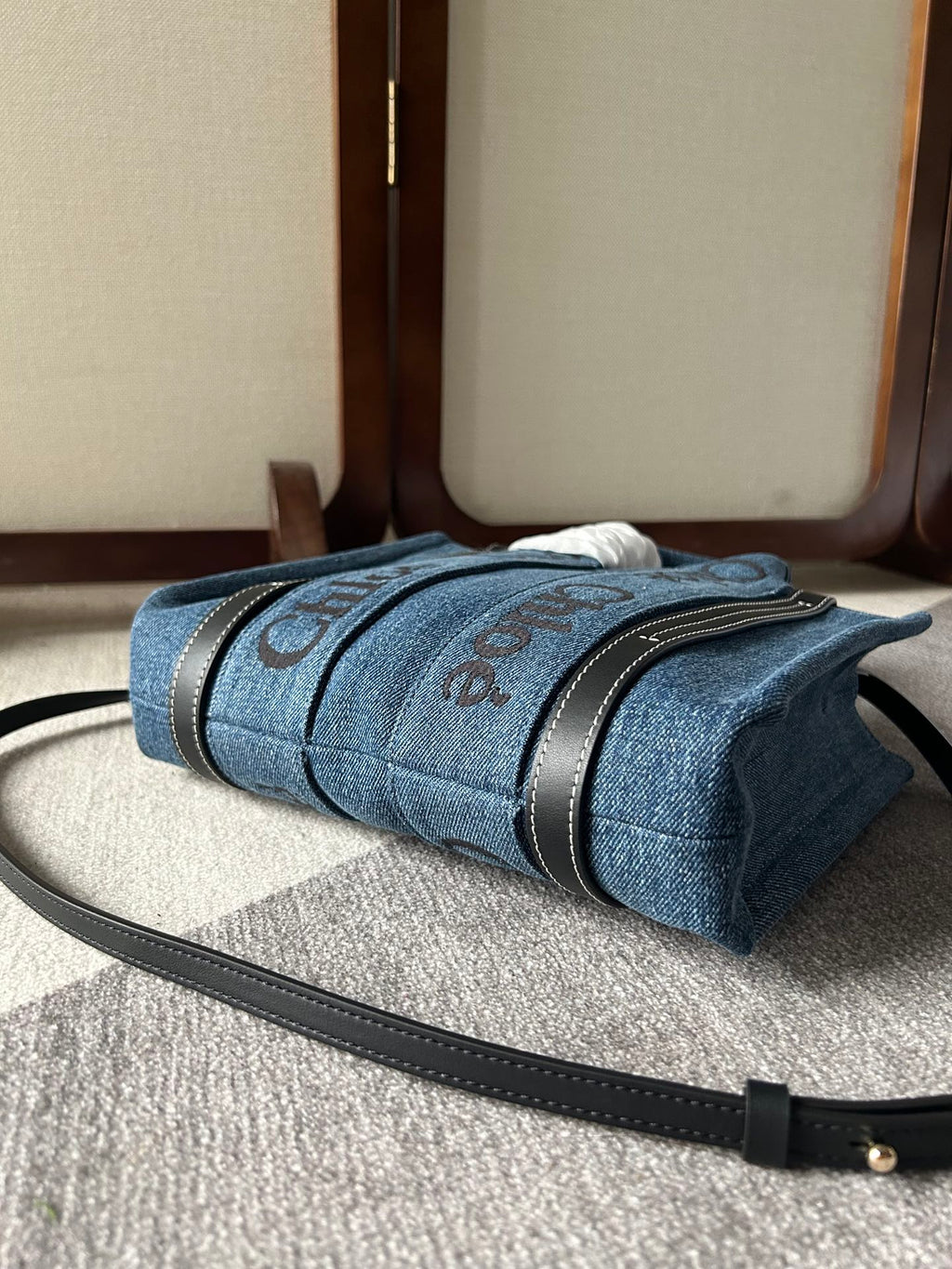 Small Woody Tote Bag 26.5 in Blue Denim Black Calfskin