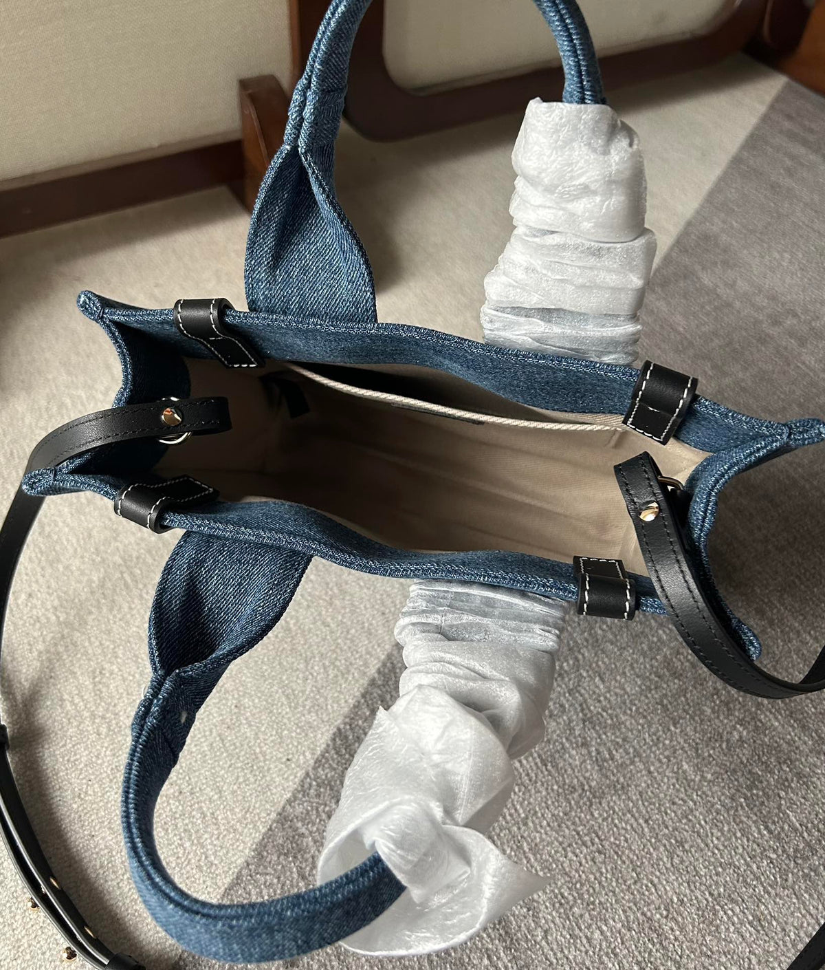Small Woody Tote Bag 26.5 in Blue Denim Black Calfskin