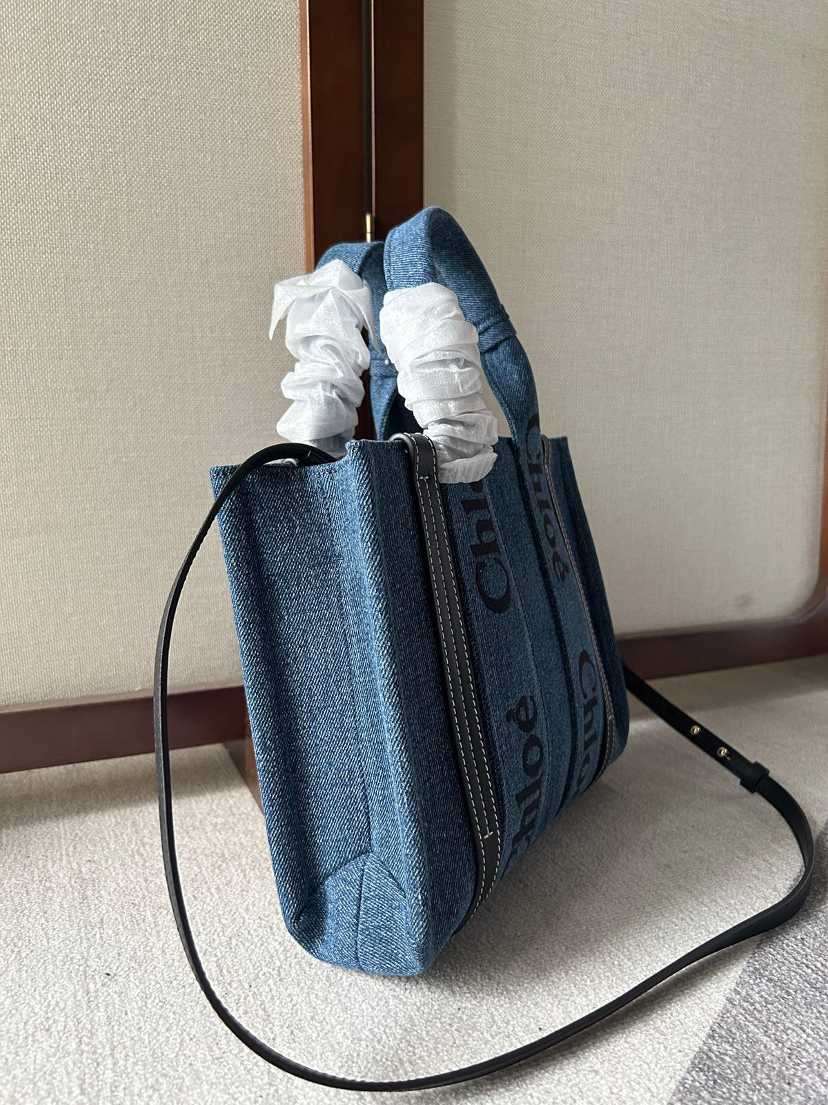 Small Woody Tote Bag 26.5 in Blue Denim Black Calfskin