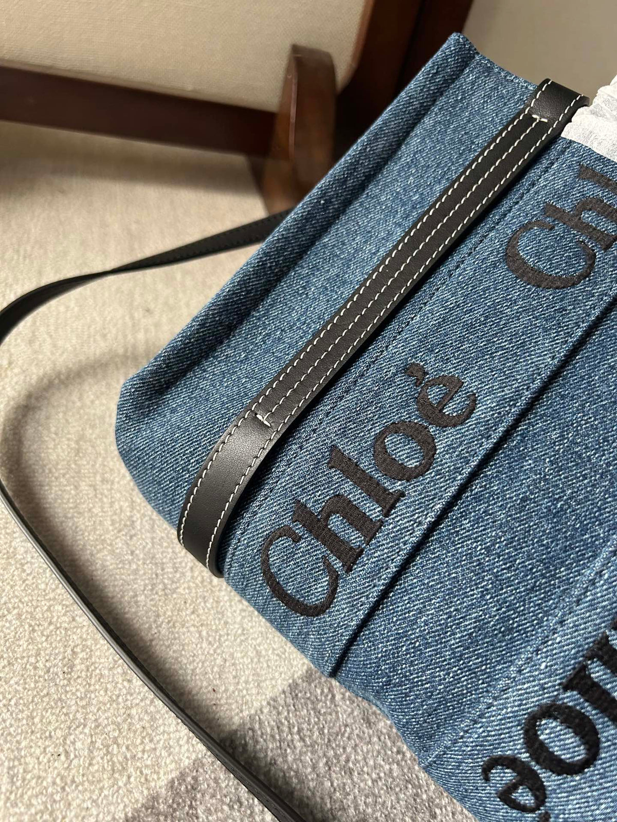 Small Woody Tote Bag 26.5 in Blue Denim Black Calfskin