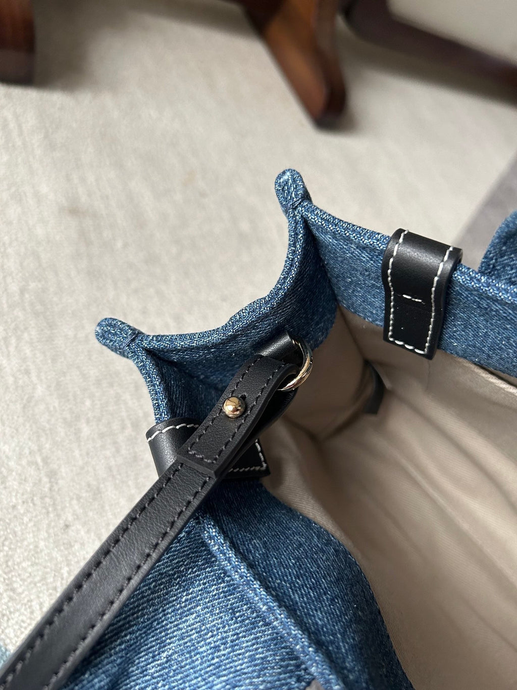 Small Woody Tote Bag 26.5 in Blue Denim Black Calfskin