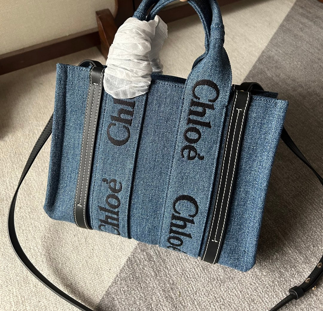 Small Woody Tote Bag 26.5 in Blue Denim Black Calfskin