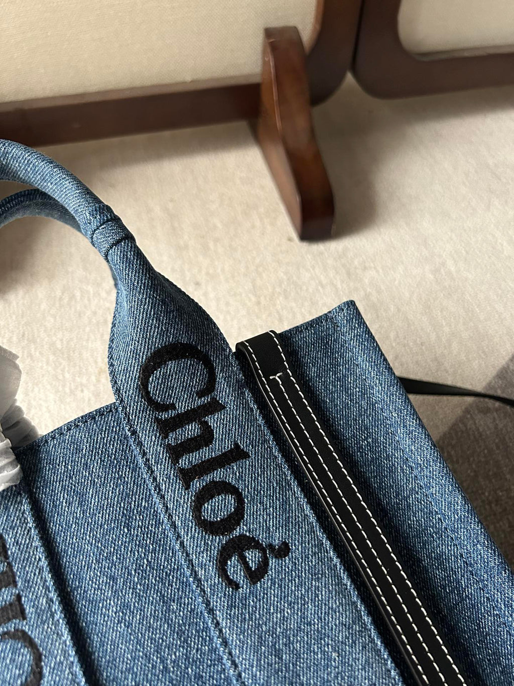 Small Woody Tote Bag 26.5 in Blue Denim Black Calfskin