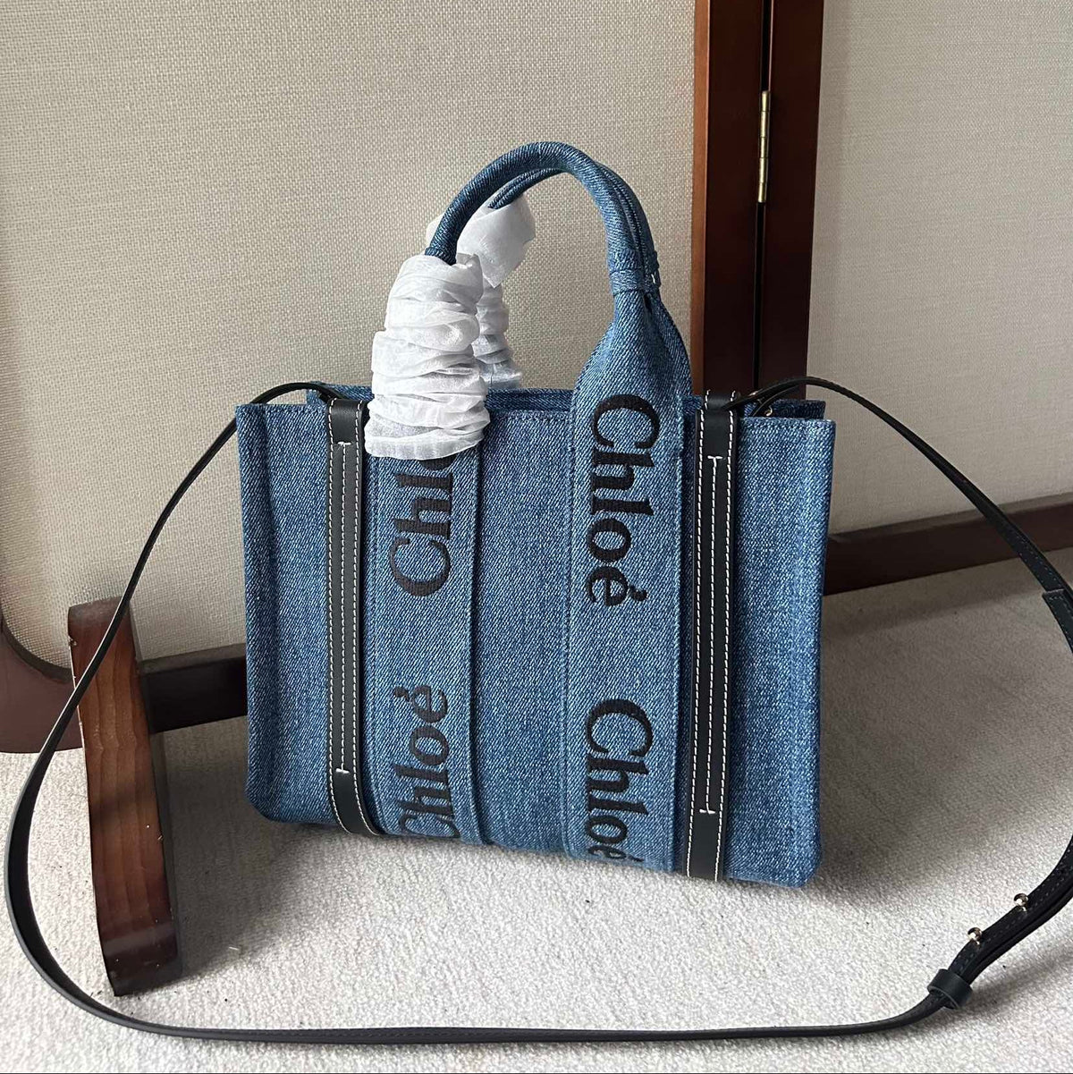 Small Woody Tote Bag 26.5 in Blue Denim Black Calfskin