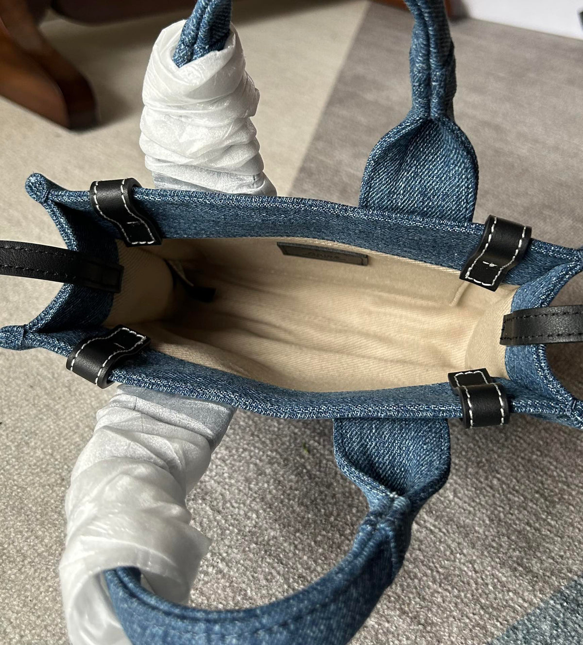 Mini Woody Tote Bag 20 in Blue Denim Black Calfskin