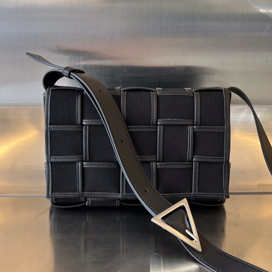 Bottega Veneta Small Cassette 23 in Black Canvas and Calfskin Trim Bag