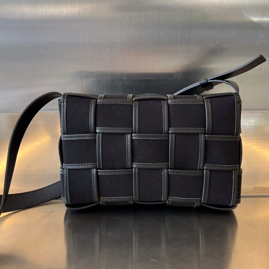 Bottega Veneta Small Cassette 23 in Black Canvas and Calfskin Trim Bag