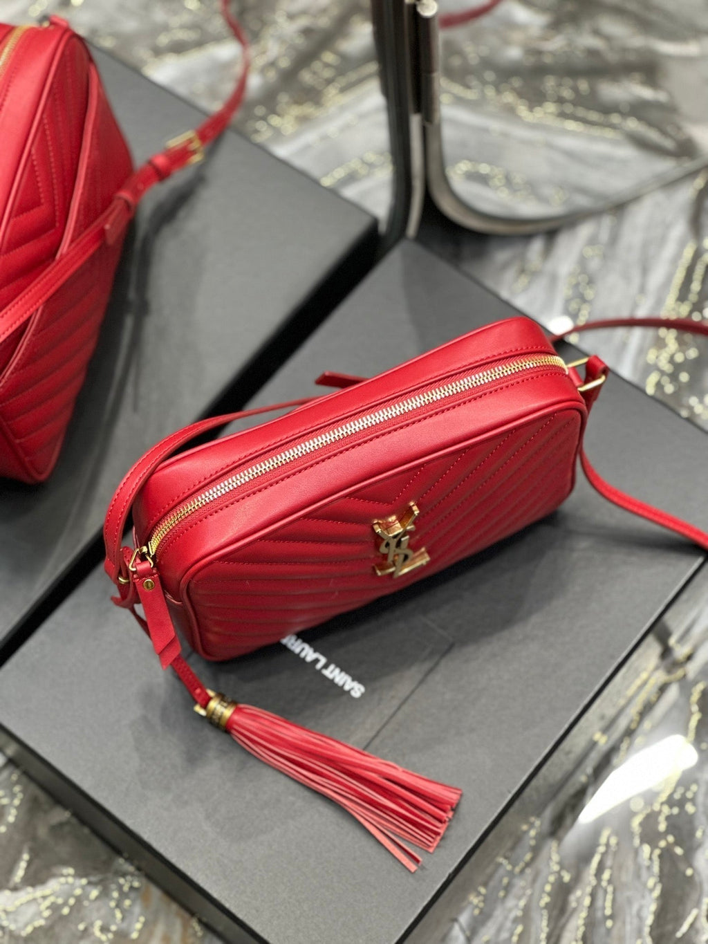 Saint Laurent Lou Camera 23 Red Lambskin Gold Hardware Bag