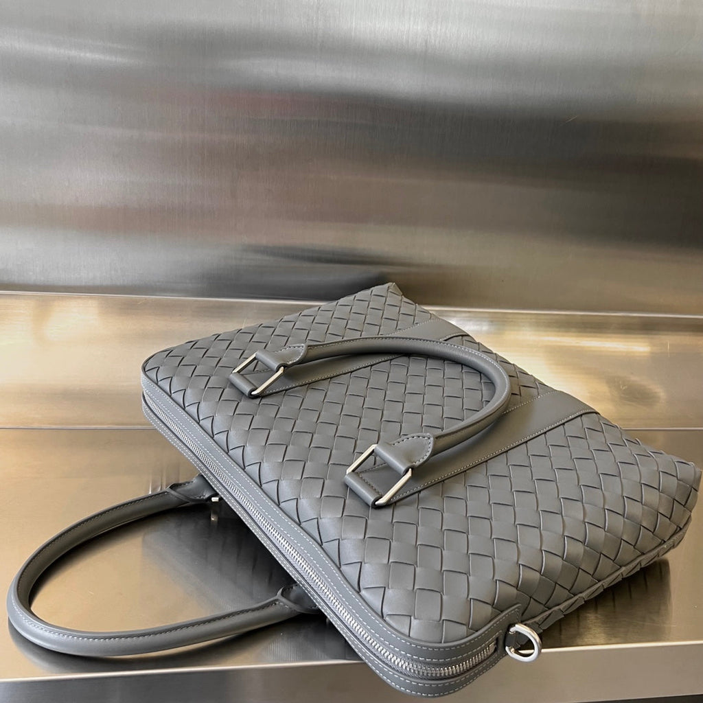 Bottega Veneta Slim Intrecciato Briefcase 36 Grey Calfskin Bag