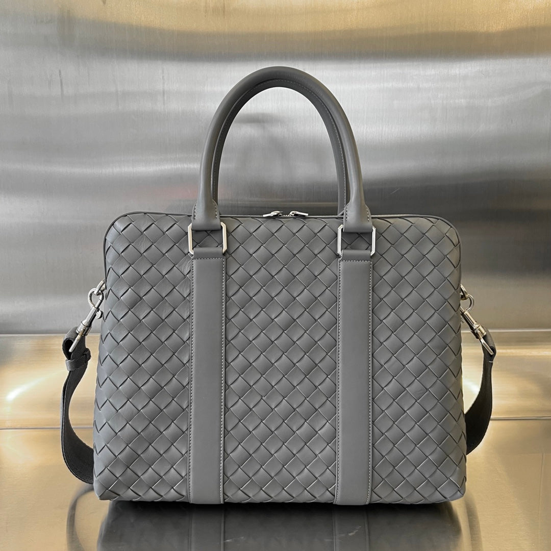 Bottega Veneta Slim Intrecciato Briefcase 36 Grey Calfskin Bag