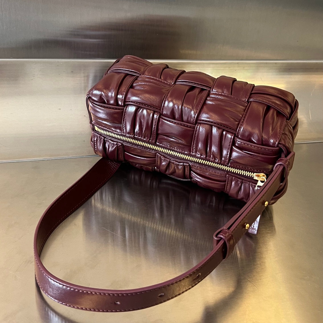 Bottega Veneta Small Brick Cassette 23 in Wine Red Soft Lambskin Bag