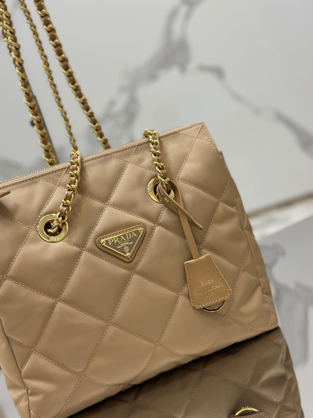 Prada Vintage Hobo Bag 25 in Light French Beige Quilted Nylon Gold Hardware