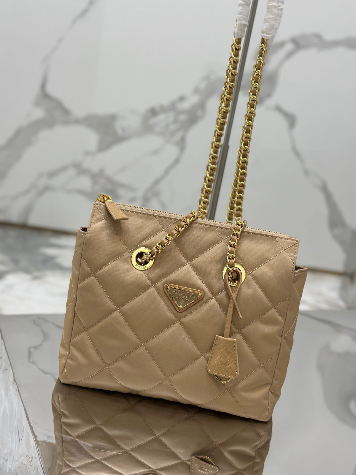 Prada Vintage Hobo Bag 25 in Light French Beige Quilted Nylon Gold Hardware