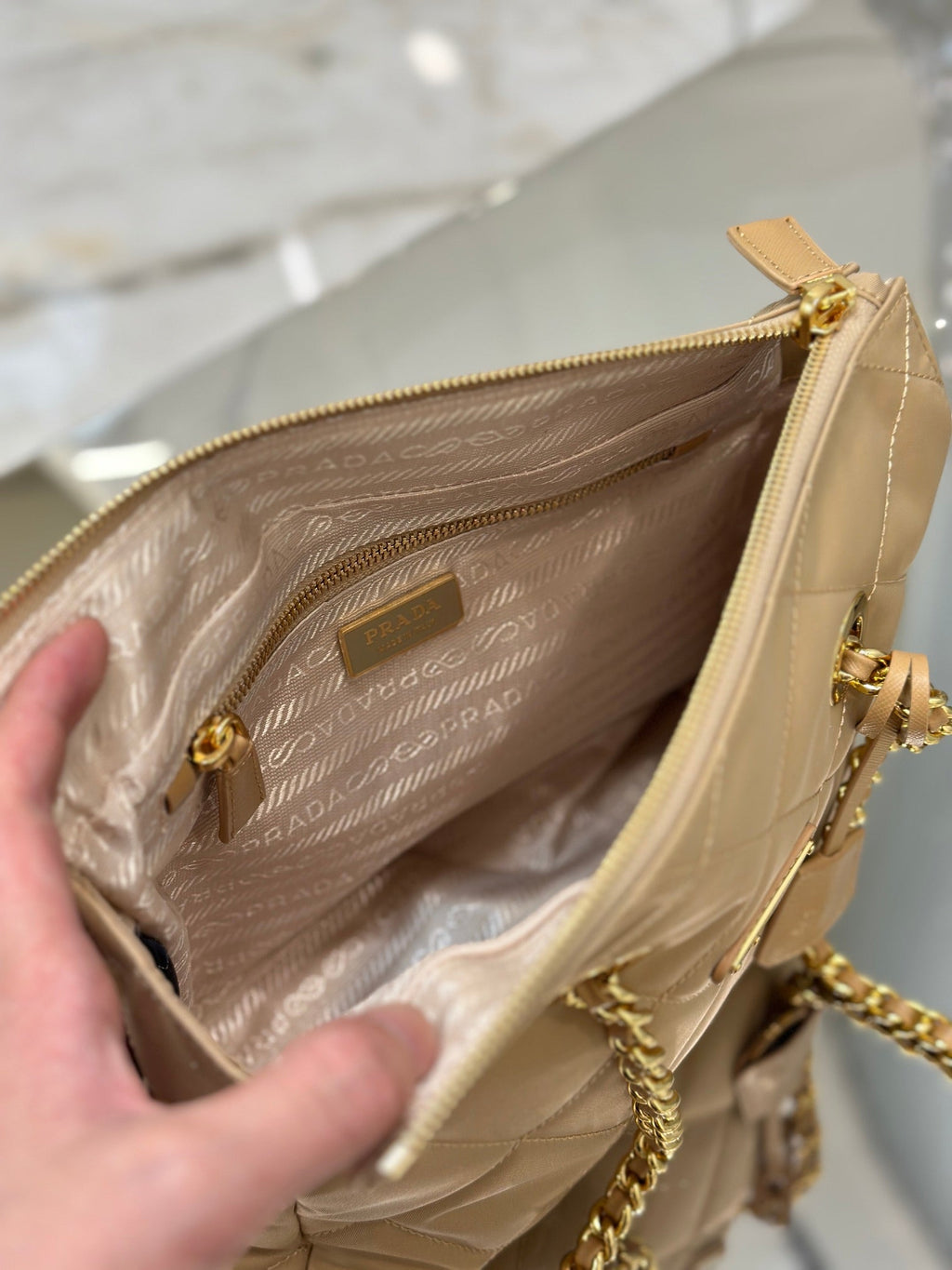 Prada Vintage Hobo Bag 25 in Light French Beige Quilted Nylon Gold Hardware