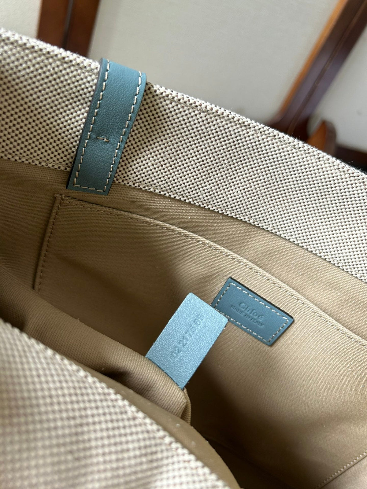 Lagre Woody Tote Bag 45 in Beige Linen Canvas Black Webbing Logo Embroider Blue Calfskin