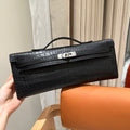 Hermes Kelly Cut 31 in Black Shiny Alligator Leather with Silver Hardware Bag