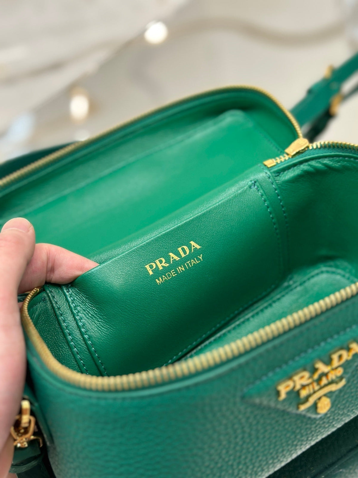 Prada Vanity Case 18 in Emerald Green Grained Calfskin Gold Hardware