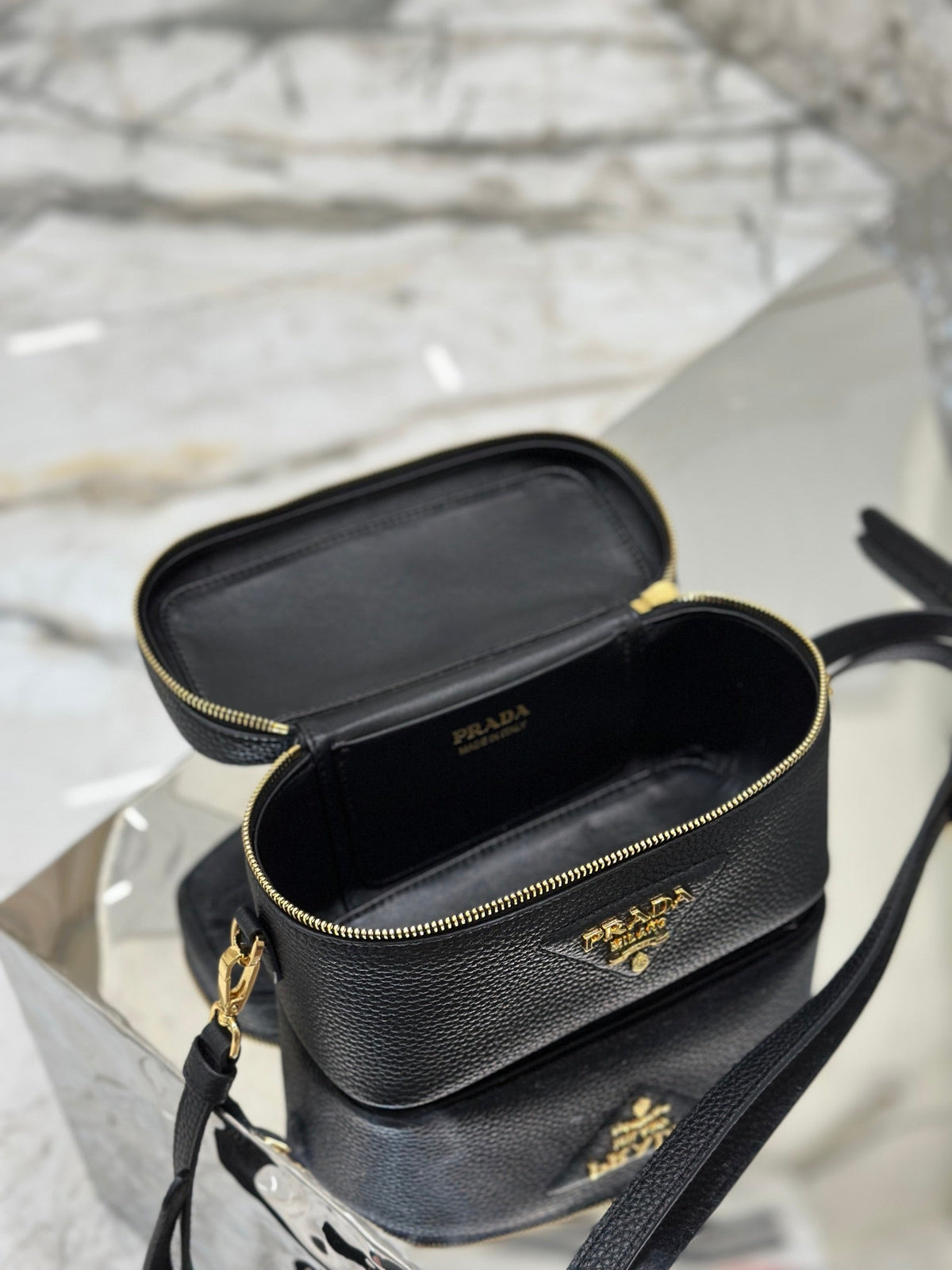 Prada Vanity Case 18 in Black Grained Calfskin Gold Hardware