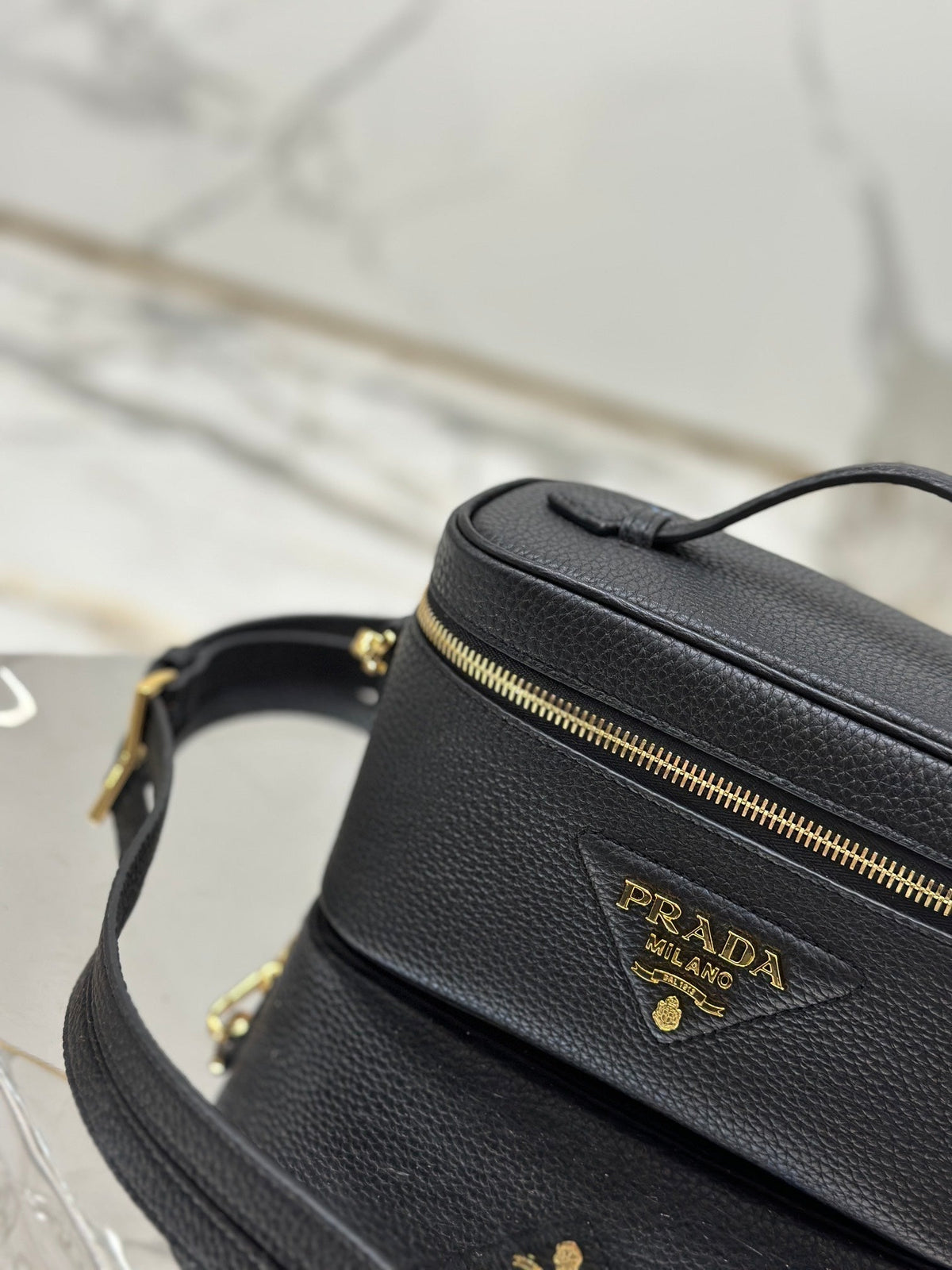 Prada Vanity Case 18 in Black Grained Calfskin Gold Hardware